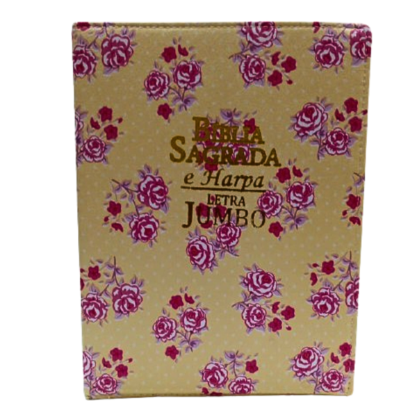 Biblia Letra Jumbo capa floral amarela com harpa, com indice e capa com ziper