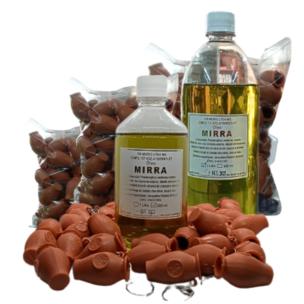 kit Chaveiro Botija marrom com 144 unidades + 1,5 Litros de óleo ungido de mirra