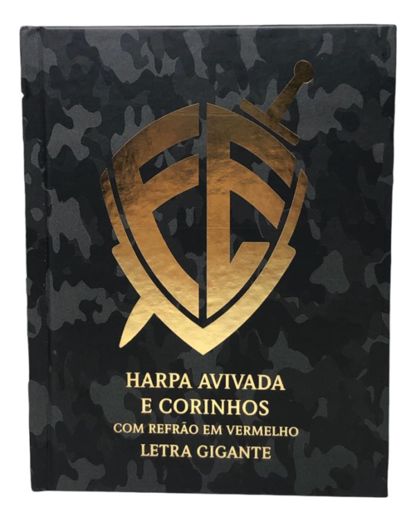 Harpa cristã média com letra gigante, escudo camuflado