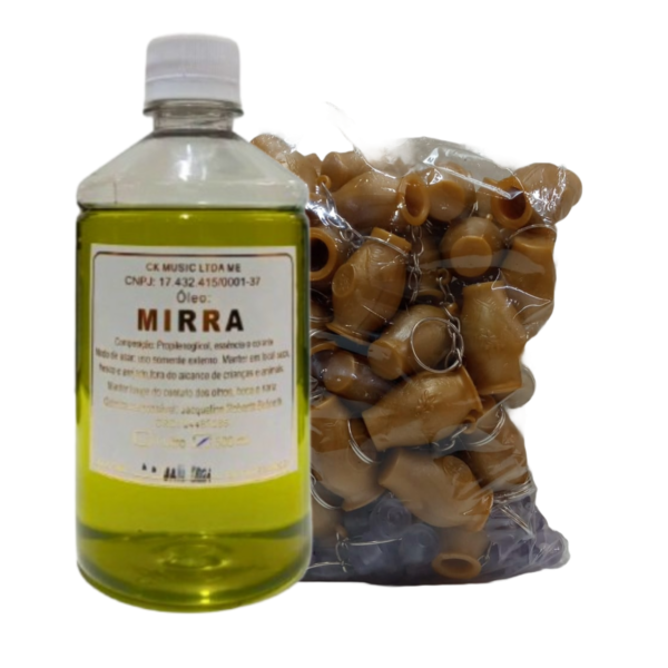 kit Chaveiro Botija Dourada com 48 unidades + Um frasco de óleo ungido de Mirra 500 ML
