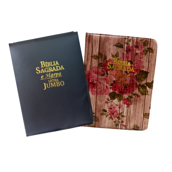 Biblia Letra Jumbo com harpa, com indice e capa com ziper kit com 2, Capa preta e Florida com rosas