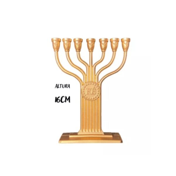 Candelabro pequeno Menorá Cristão Israel Judaico Igreja Dourado 16cm - Imagem 2